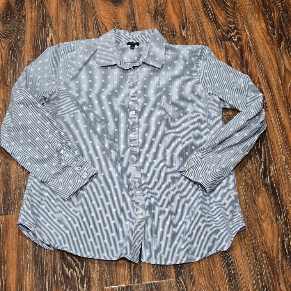 Talbots L Button Down Shirt Womens Blue White Striped Polka Dot Cotton Business
